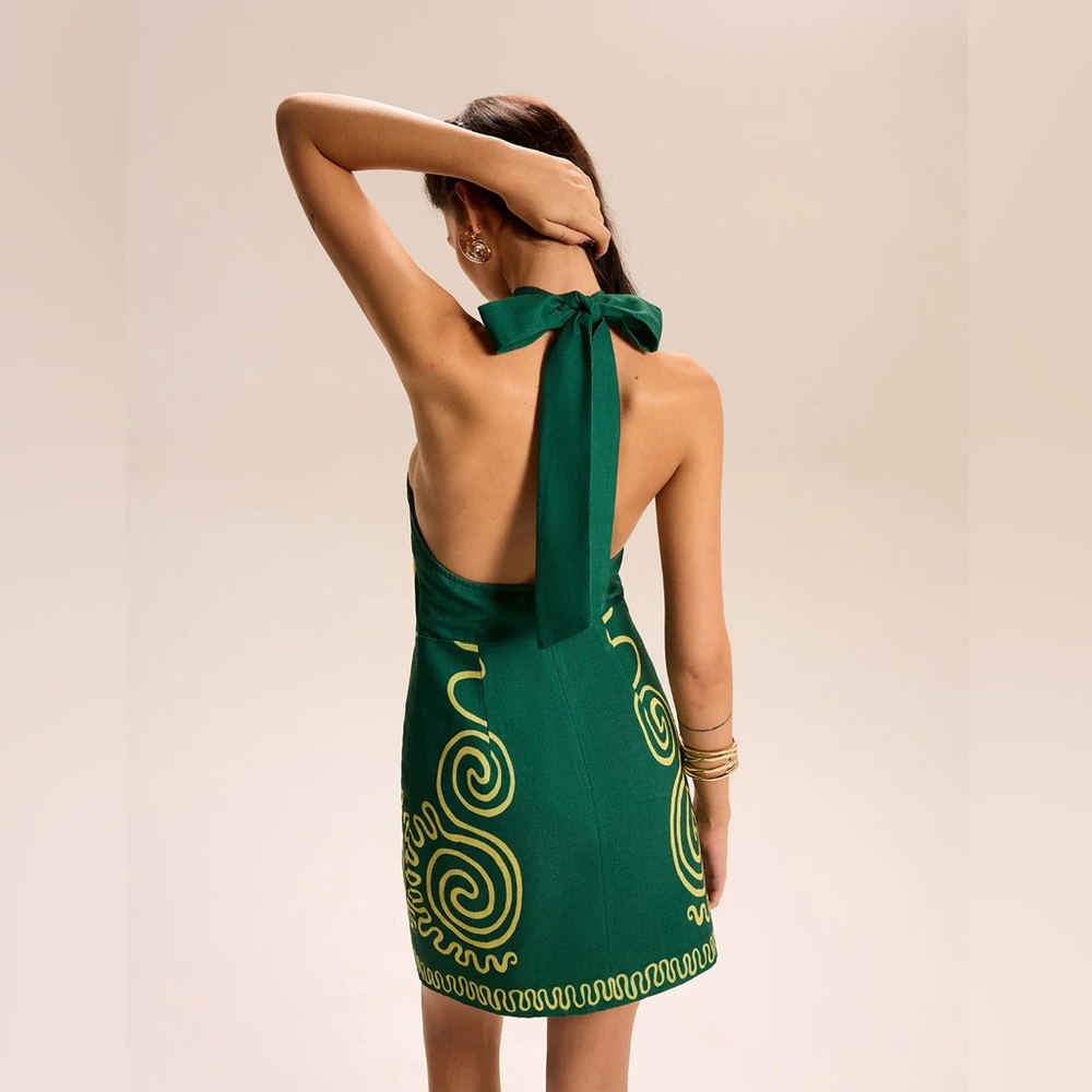 Commense Green Halter Mini Dress with Yellow Swirl Embroidery - Picture 2 of 6